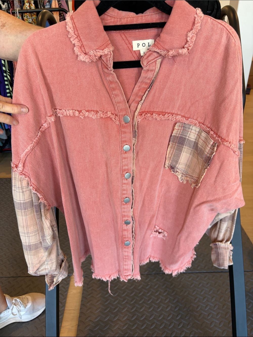 POL Washed Rose Button-Front Jean Jacket with Plaid Accents